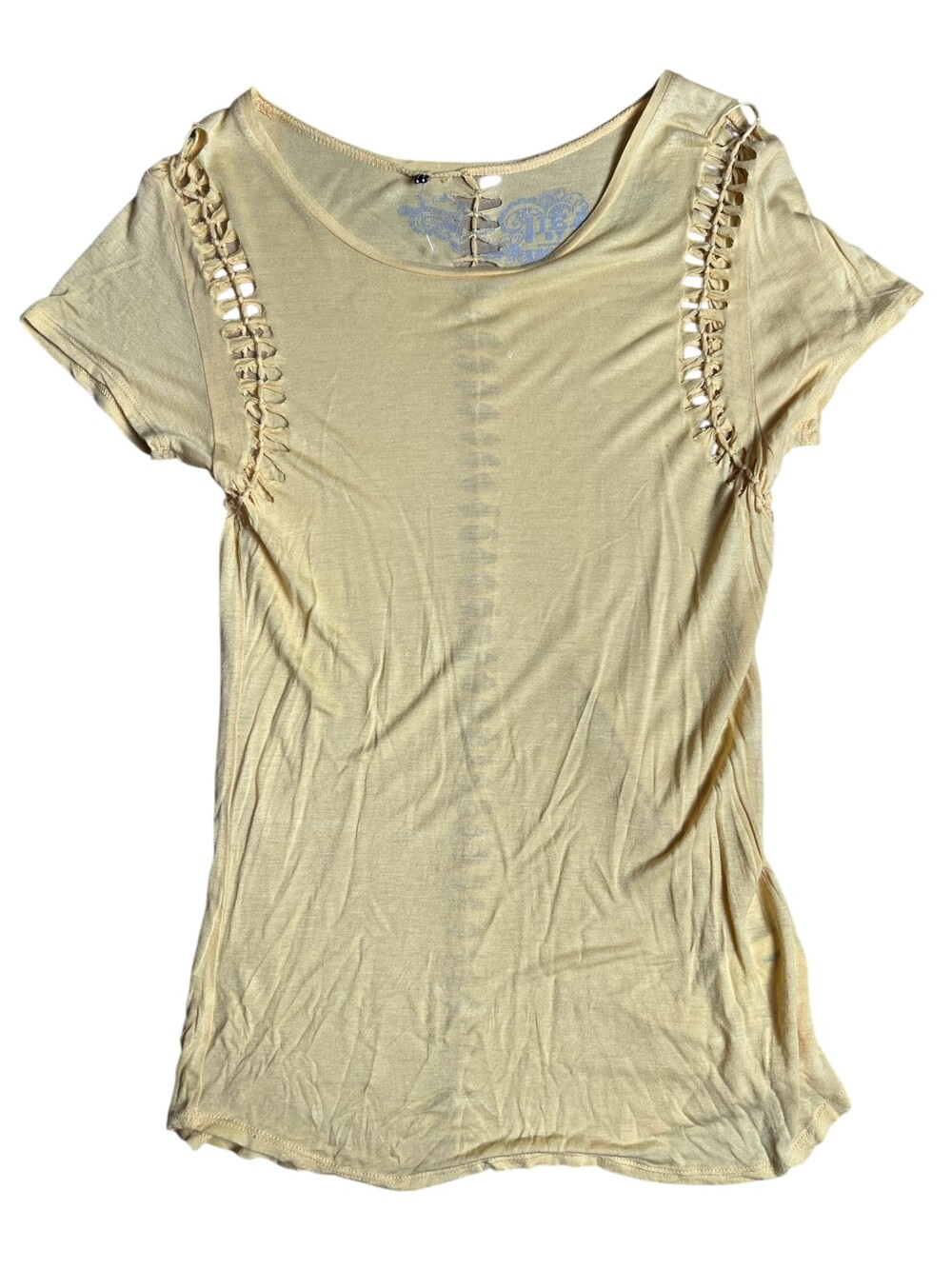 Jeans By Buffalo Shirt Womens S Yellow Scoop Neck Crochet Jersey Slim Sheer